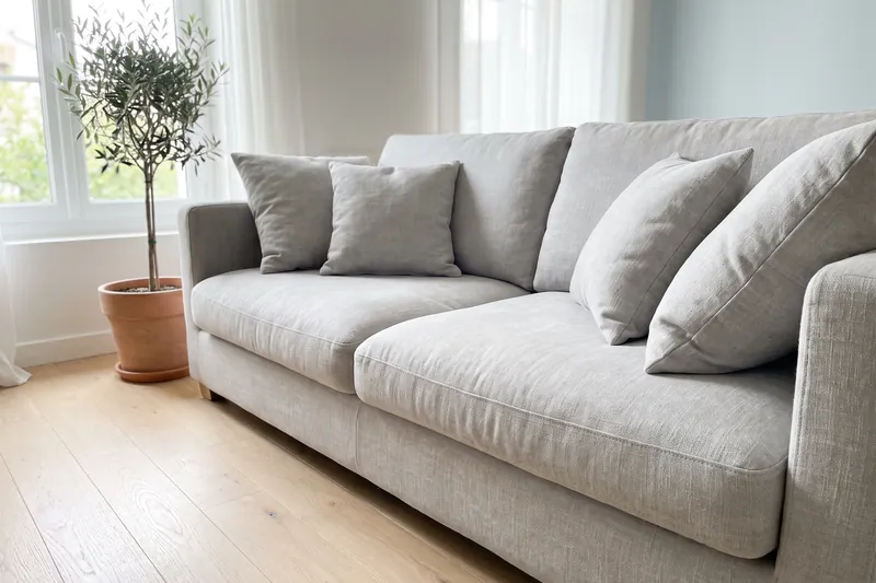 Canapé en tissu gris clair propre dans un salon lumineux